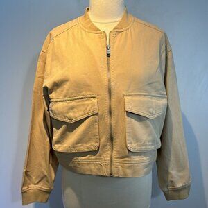 Nicole Miller New York tan/camel 100% cotton cropped denim zip jacket size L NWT